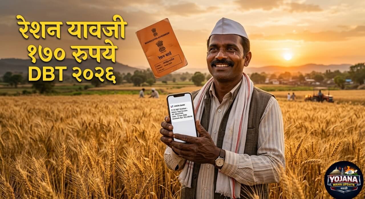 महाराष्ट्र रेशन यावजी अनुदान योजना २०२६ मध्ये केशरी शिधापत्रिका धारक शेतकऱ्यांना दरमहा १७० रुपये DBT मिळत आहे. १४ आत्महत्या प्रभावित जिल्ह्यांतील पात्र लाभार्थी, mahafood.gov.in, शेतकरी आनंदी, मोबाइलवर पैसे क्रेडिट होताना दाखवणारी इमेज