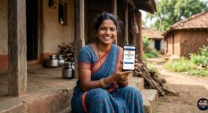 लाडकी बहीण योजनेसाठी eKYC दुरुस्ती करतानाची प्रतिमा, हातात मोबाईल, टेबलावर आधार कार्ड आणि बँक पासबुक, पार्श्वभूमीत 30 एप्रिल 2026 ची नोंद.