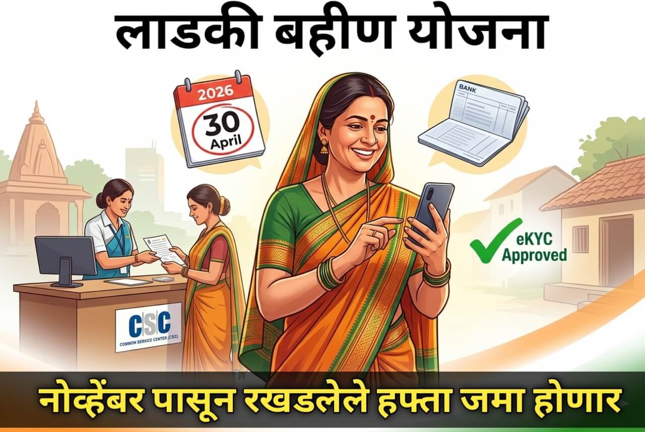 महाराष्ट्रातील महिला लाडकी बहीण योजनेसाठी मोबाईलवर eKYC पूर्ण करताना. मुदत 30 एप्रिल 2026.