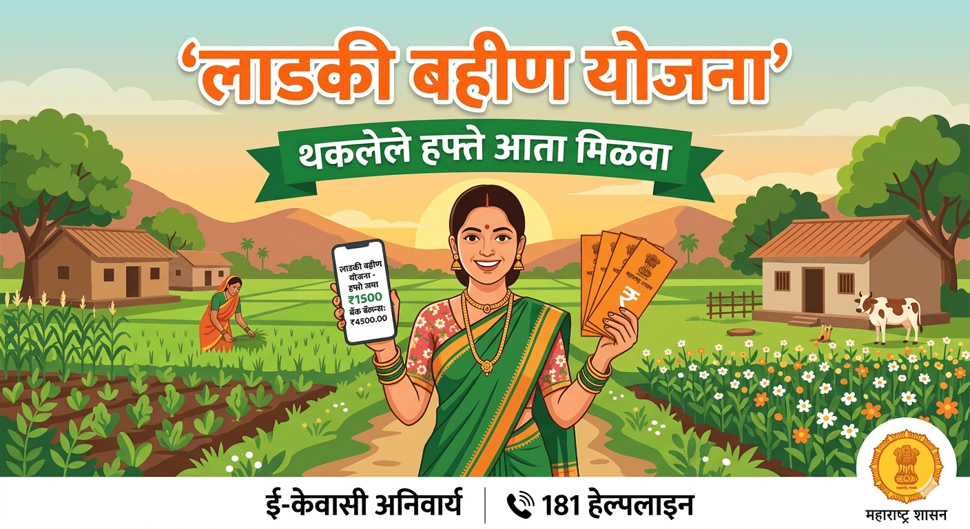 लाडकी बहीण योजनेअंतर्गत नोव्हेंबरपासून थकलेले हफ्ते मिळवण्यासाठी 181 हेल्पलाइन व ई-केवायसी प्रक्रियेची माहिती देणारे प्रतिनिधित्वात्मक चित्र.