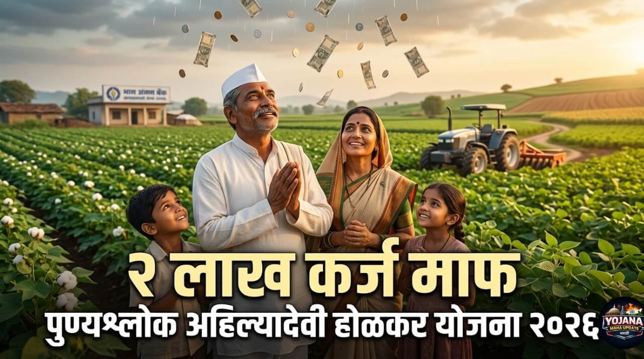महाराष्ट्र शेतकरी कर्जमाफी योजना २०२६ मध्ये २ लाख रुपयांपर्यंत पीक कर्ज माफ होत असलेला आशावादी शेतकरी, पुण्यश्लोक अहिल्यादेवी होळकर योजना, थकीत कर्ज माफी आणि ५० हजार प्रोत्साहन