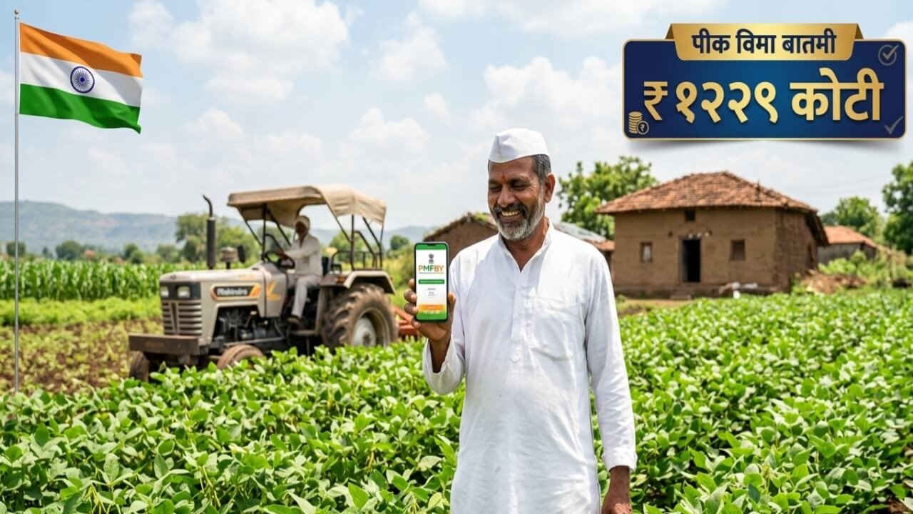 शेतकरी हातात मोबाइल घेऊन पंतप्रधान पीक विमा योजनेअंतर्गत १२२९ कोटी रुपयांची मंजुरी पाहत आहे. खरीप हंगाम २०२५ ची नुकसानभरपाई.